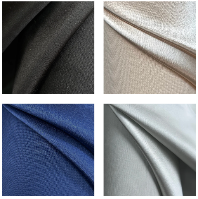 Four swatches of heavy 100% pure silk satin fabric in black, blush, indigo blue, and silver.