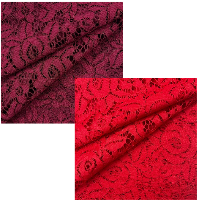 Red & Burgundy Stretch Polyamide Lace Floral Fabric | XMI002