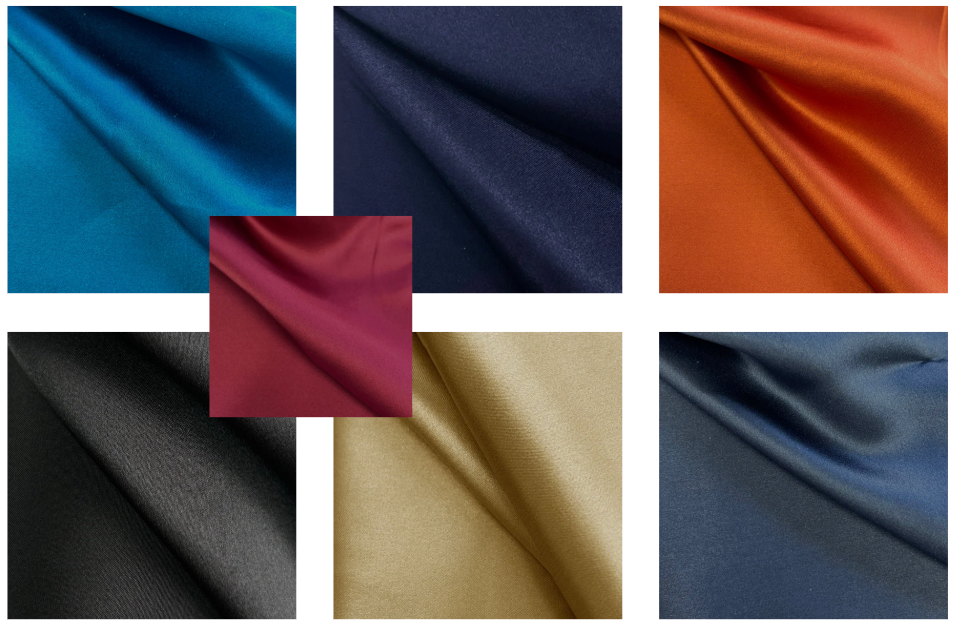 A collage of 100% Silk Crepe Satin fabric swatches in Atlantic, Burgundy, Ink, Orange, and more.