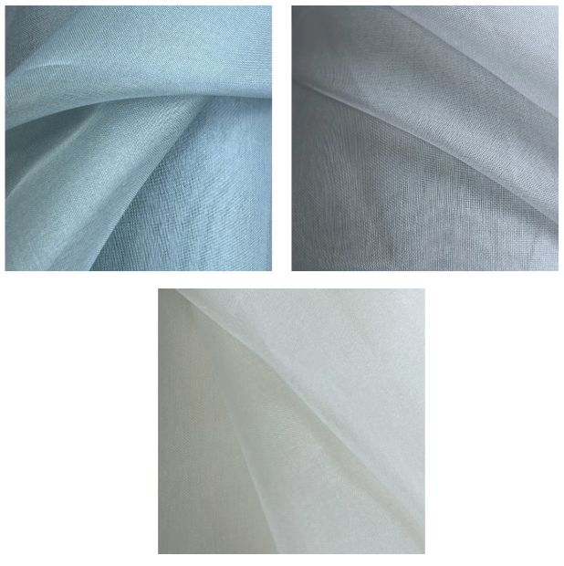 Three views of Airforce Blue 100% silk organza fabric showing its sheer, crisp, and draped texture.
