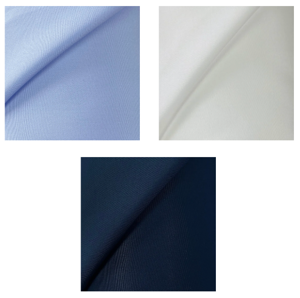 Three fabric swatches in light blue, white, and navy on a white background