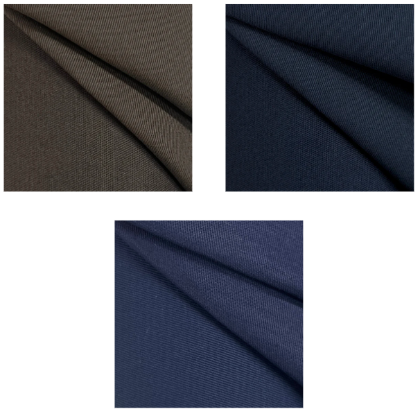 Three swatches of Bronte stretch cotton twill fabric in dark brown, navy, and dark navy.