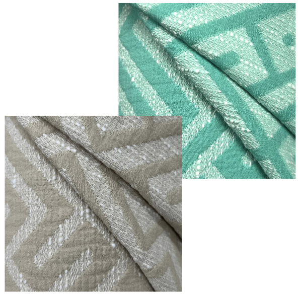 Two fabric swatches, one green with white pattern and one beige with white pattern, on a white background.