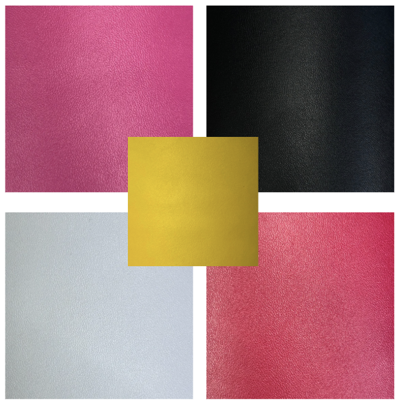 Five swatches of coated water resistant jersey fabric in pink, black, yellow, white, and red.