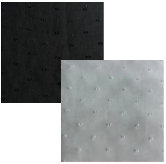 Black and white sheer Chiffon Dobby polyester fabric with small raised textured dots.