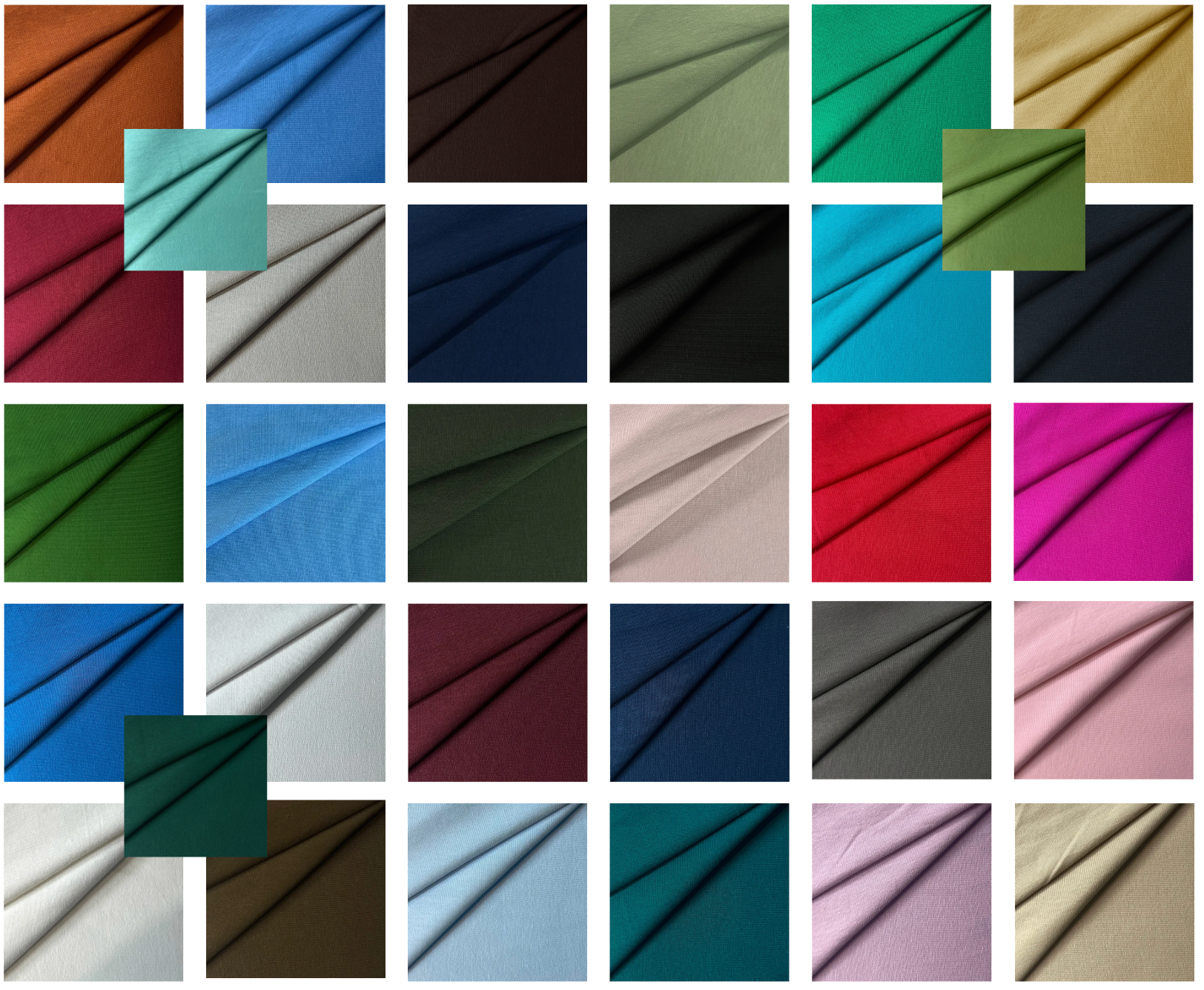 A collage of fabric swatches in various colors including blue, green, red, and beige.