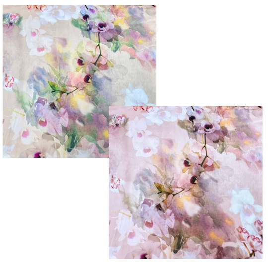 Cream and peach floral printed satin fabric with a watercolor botanical design.
