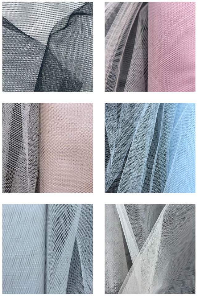 Collage of firm polyester tulle netting in black, pink, peach, blue, and white.