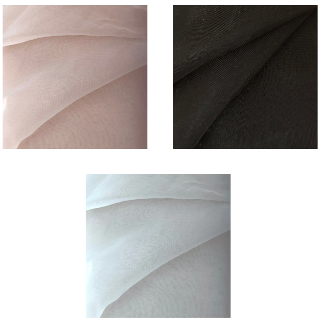 Three swatches of Crystal Glossy Liquid Organza fabric in pink, black, and white.