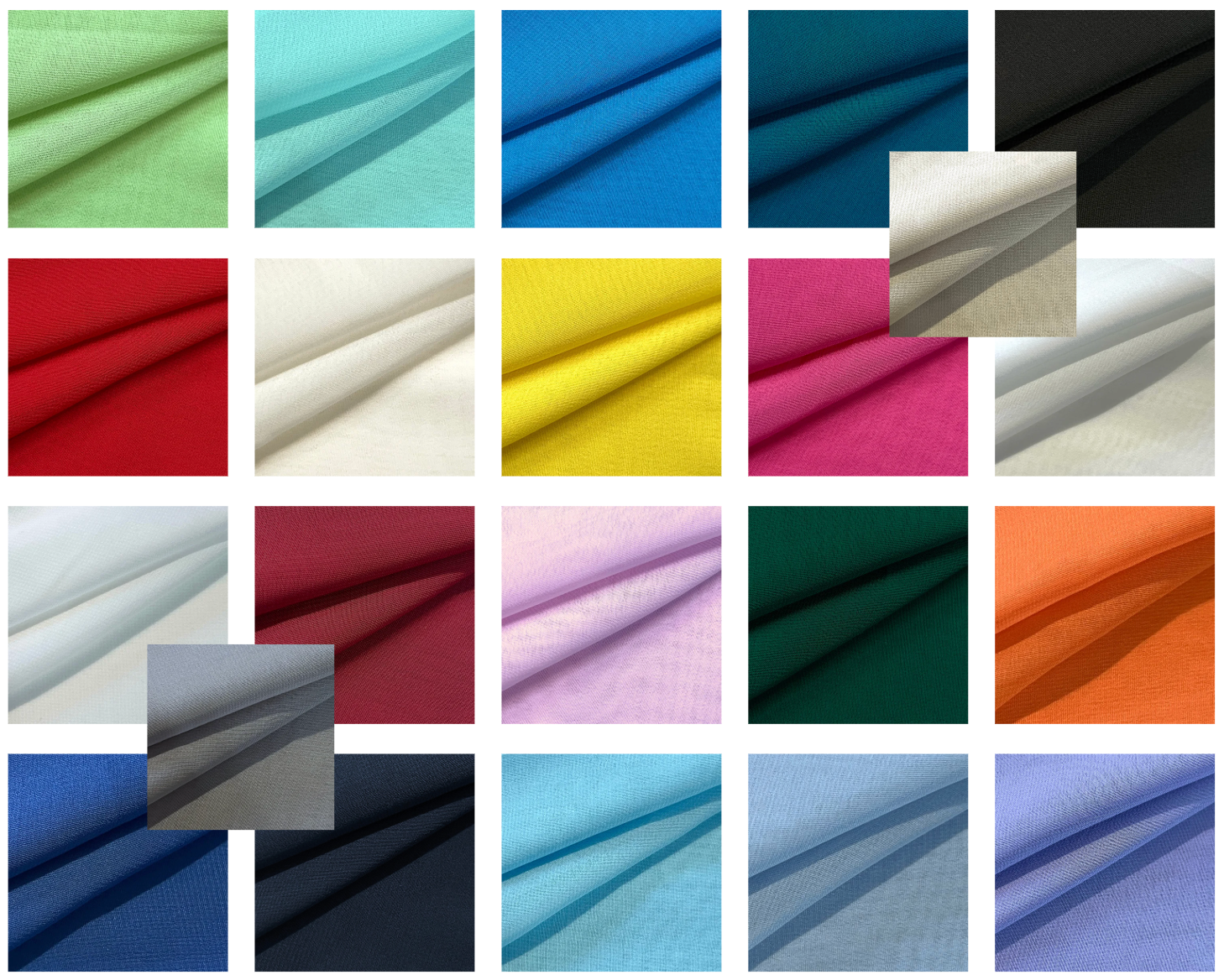 Grid of lightweight polyester chiffon fabric swatches in 22 different colors.