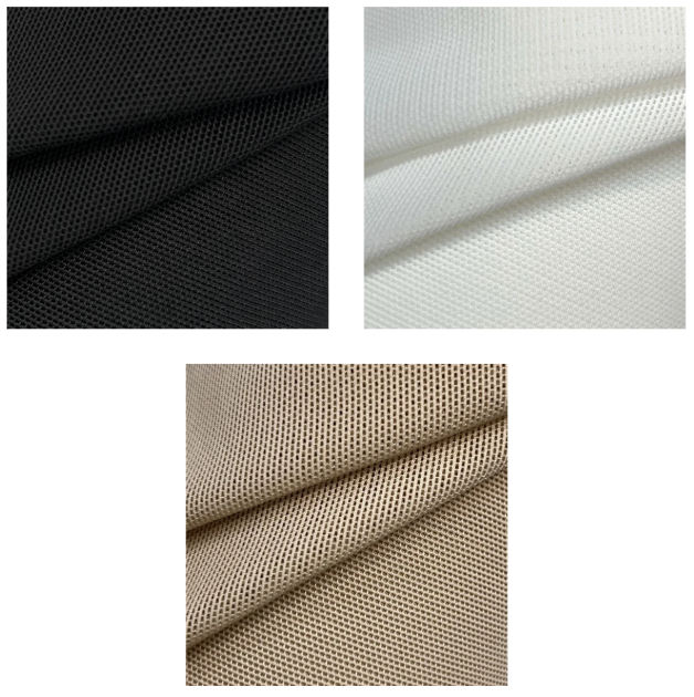 Three swatches of Nylon and Polyurethane power net fabric in black, white, and nude colors.