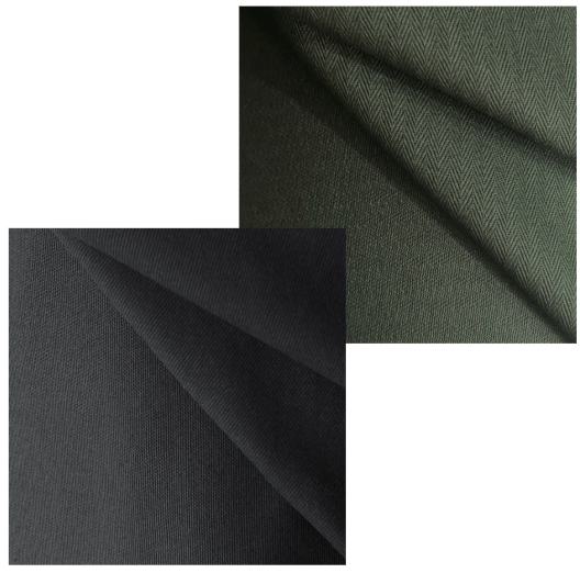 Three fabric swatches in black, dark green, and gray on a white background