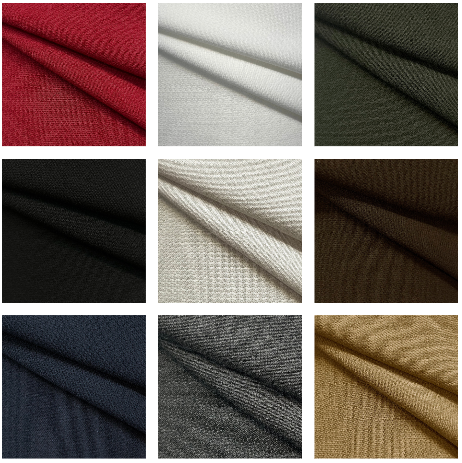 Grid of MIDAS stretch polyester viscose crepe fabric in nine different solid colors.