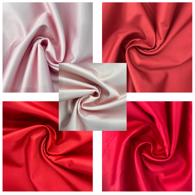 Collage of red and pink satin fabric swatches.
