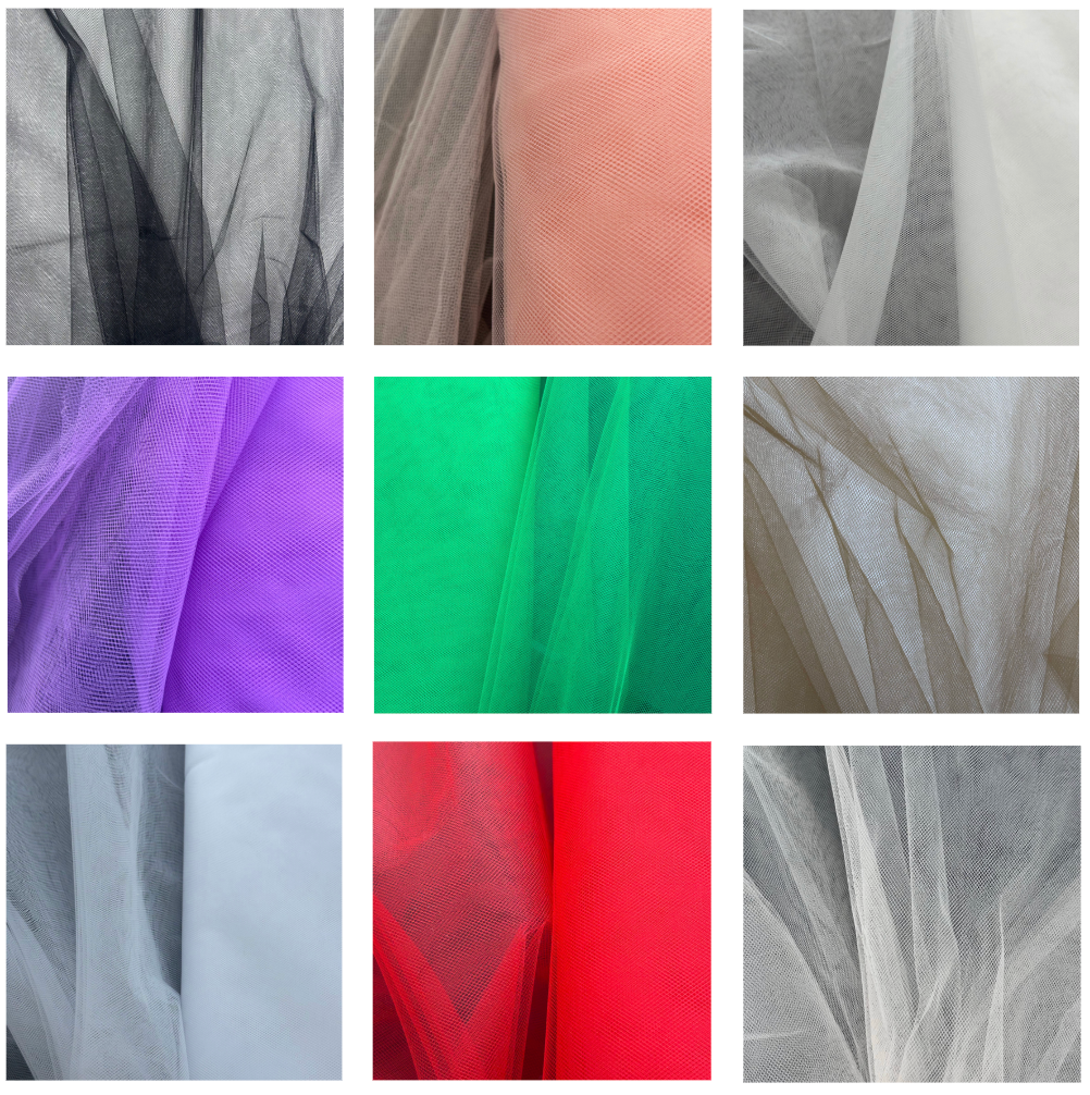 Grid of polyamide tulle mesh fabric in black, coral, white, purple, green, brown, and red.