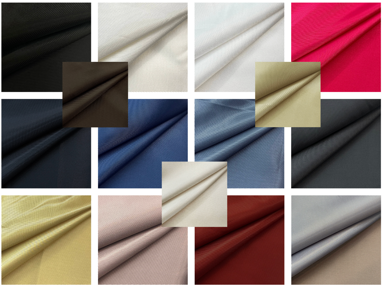 Grid of 15 polyester and viscose thick twill lining fabric swatches in various colors.