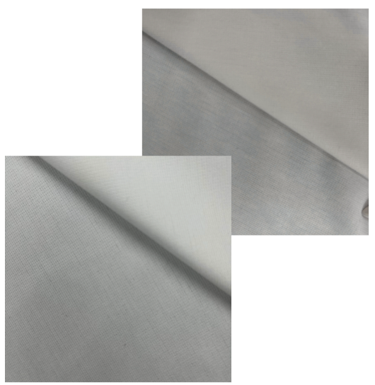 Two inset close-up views of a light gray fabric or material sample with a folded corner, shown on a white background.