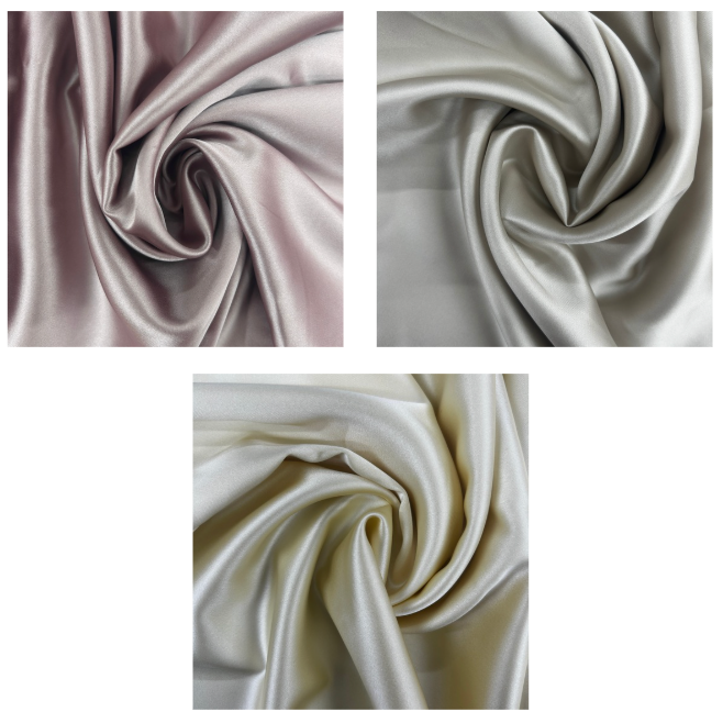 Three panels showing draped satin-like fabric in different neutral shades: a dusty mauve-pink, a light silver-gray, and an ivory-beige. Each panel is a close-up of the material with soft folds and a glossy finish on a white background.