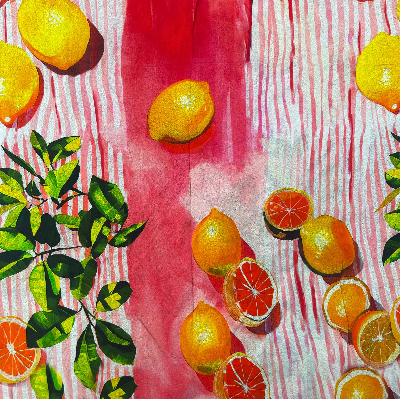 A colorful still life artwork featuring lemons, sliced citrus, and green leaves arranged on a pink and white striped background with a central red wash.