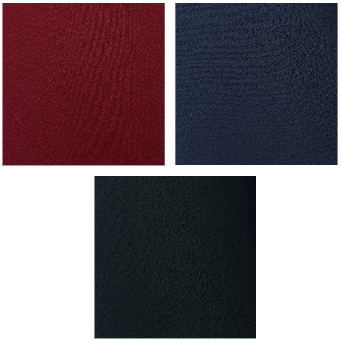 Three square color swatches on a white background: a dark red swatch at the top left, a dark navy blue swatch at the top right, and a very dark charcoal/black swatch centered below.