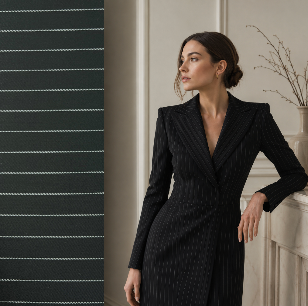 Dark sapphire 100% wool pinstripe suiting fabric shown as a tailored blazer dress on a model.