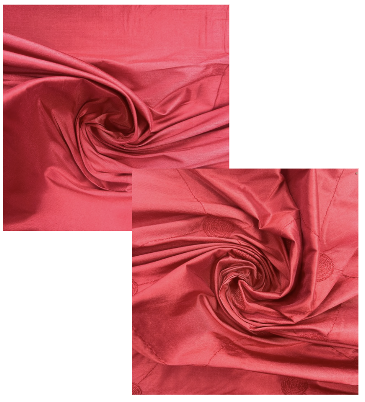 Two square close-up panels showing a bright pink-red satin-like fabric swirled into folds, with a small tonal circular motif visible in the lower panel, on a white background.