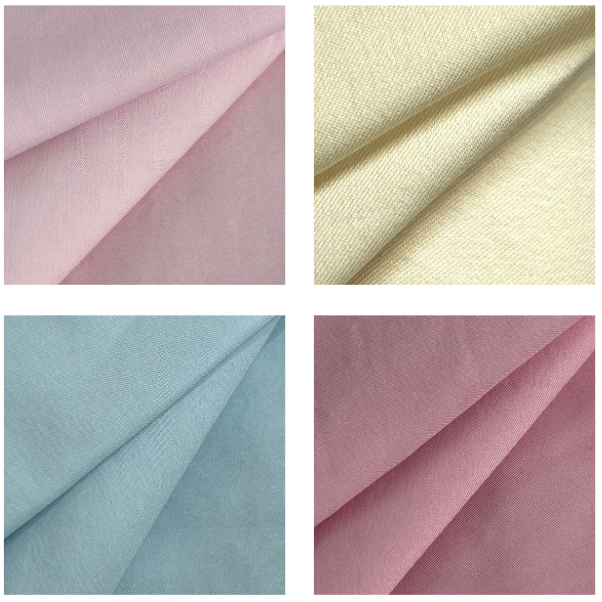 Four swatches of stretch dyed cotton polyester blend fabric in pink, cream, blue, and mauve.