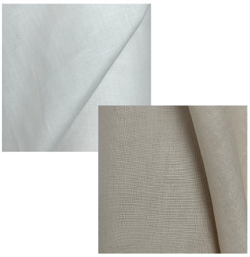 Two swatches of GT007 VOILE.06 100% pure cotton fabric in white and beige colors.