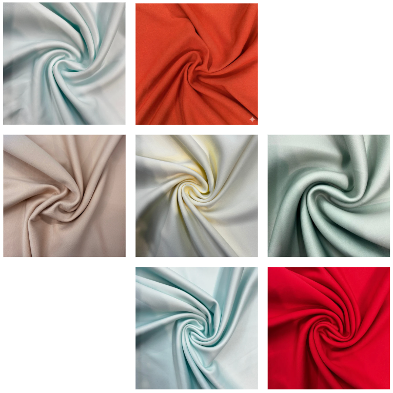 Grid of fabric swatches in various colors on a white background