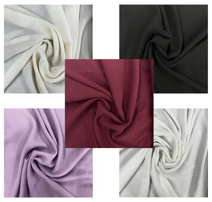 Collage of different fabric textures and colors including white, black, red, and purple.