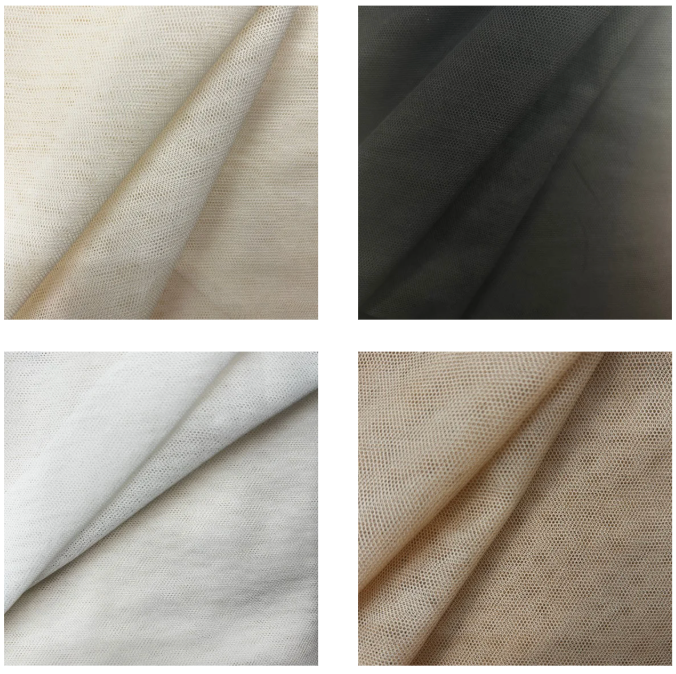 Four fabric swatches in beige, black, white, and brown.