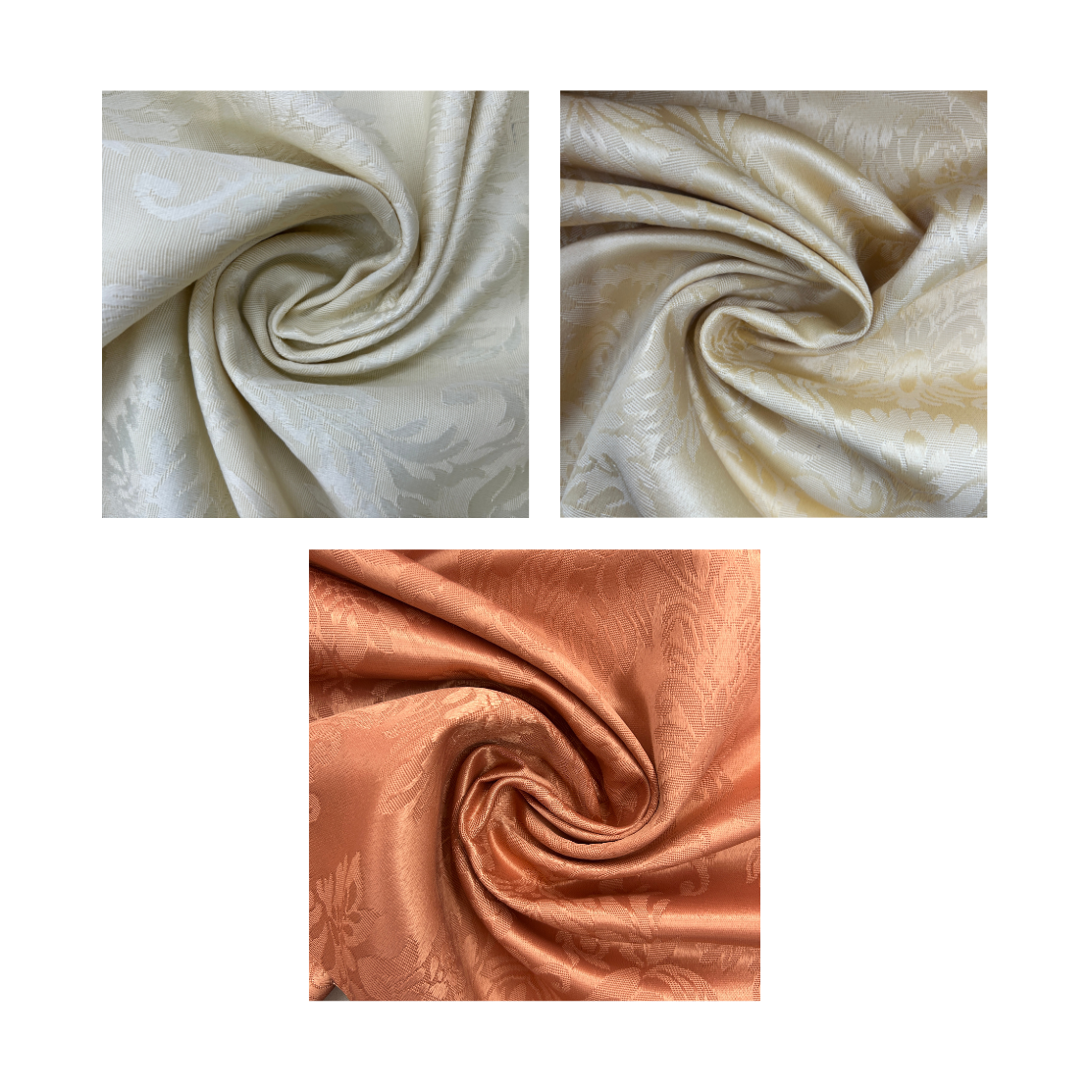 Three fabric swatches displayed in a 2x3 grid on a white background, showing draped satin-like material with a subtle damask pattern in cream, champagne, and copper-orange.