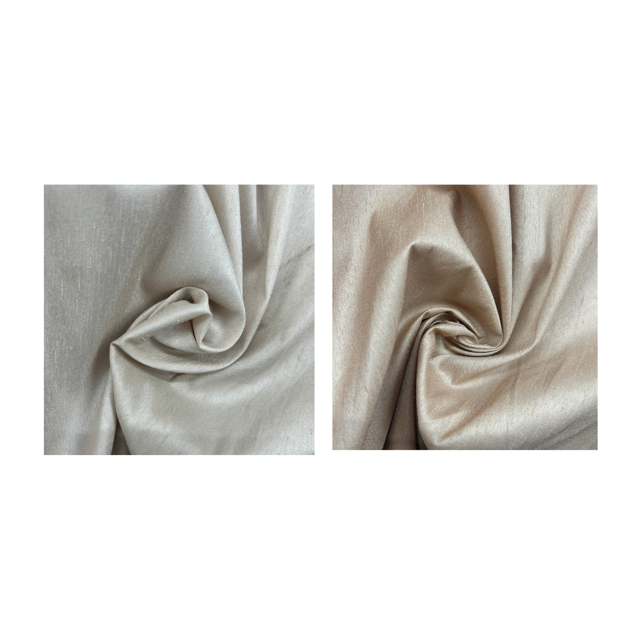 Two square fabric swatches shown side by side on a white background, one in a light warm gray and the other in a light beige, both with a soft draped texture.