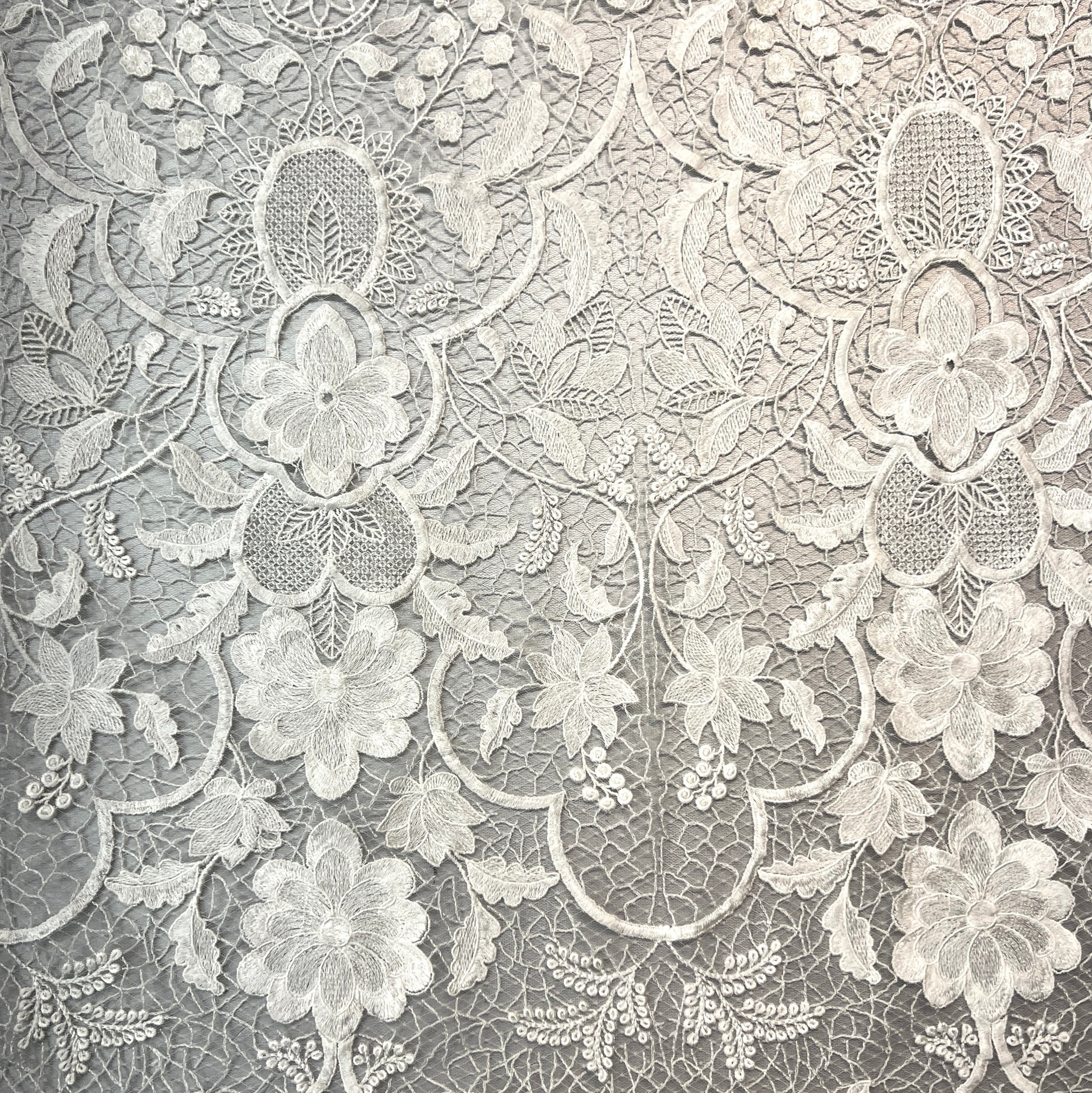 Close-up of intricate floral lace pattern in gray and white.