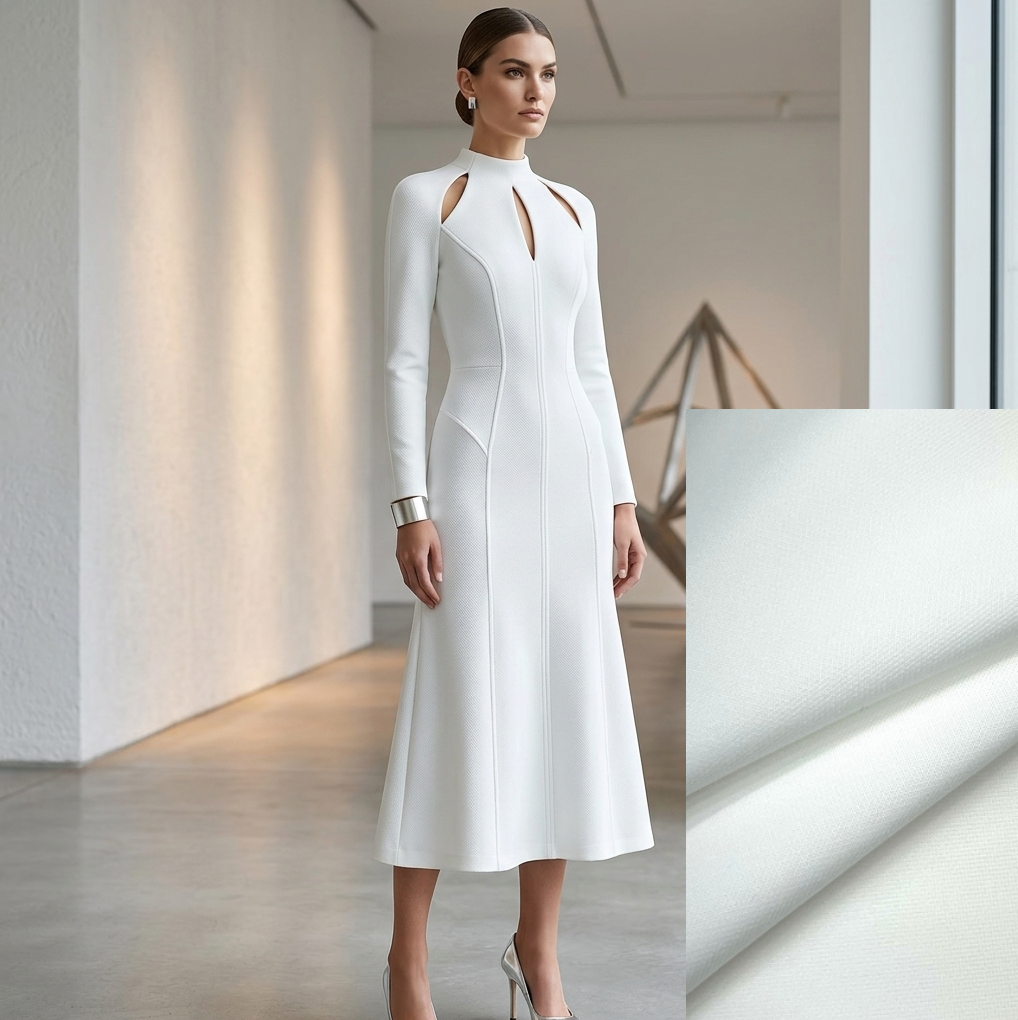 Woman wearing a white dress in an indoor setting