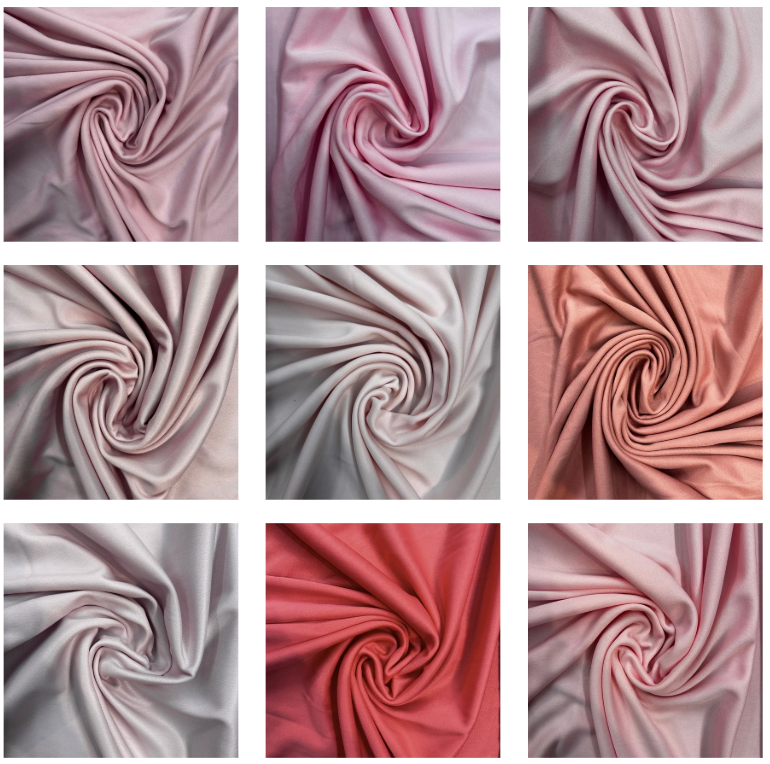Grid of fabric swatches in various pink and red tones.