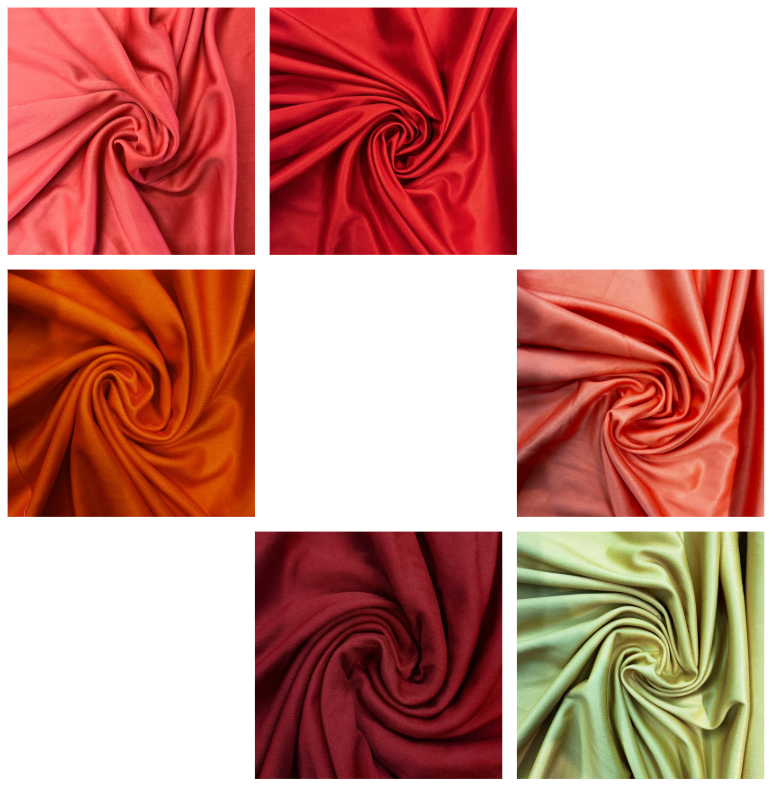 Collage of fabric swatches in various shades of red and orange.