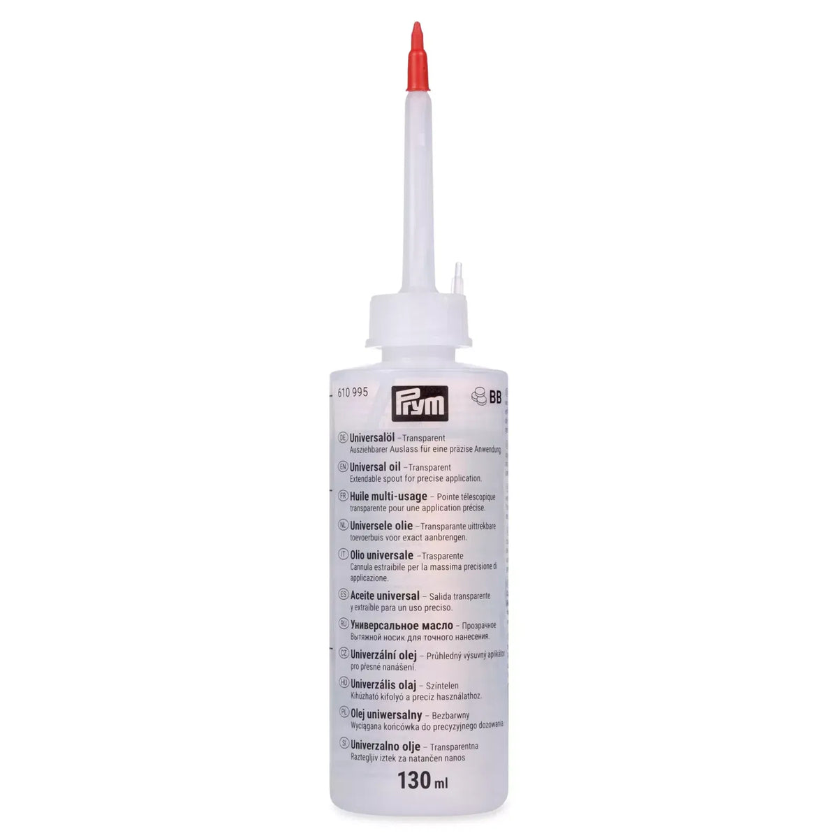 Prym Universal Oil 130 ml transparent lubricant with extendable applicator.