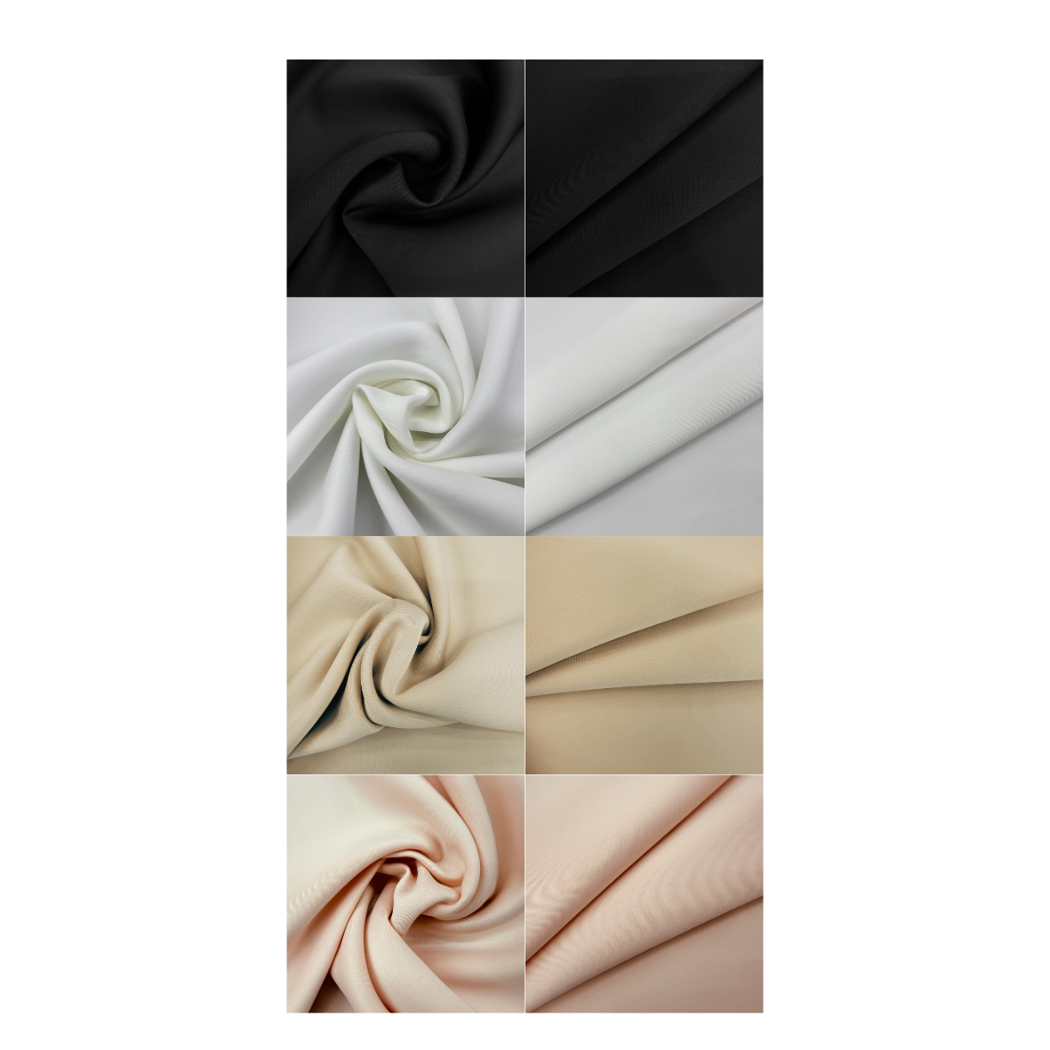 4 fabric color options arranged in a 2x3 grid, showing draped material swatches in black, white, peach  , nude stone tones on a white background.