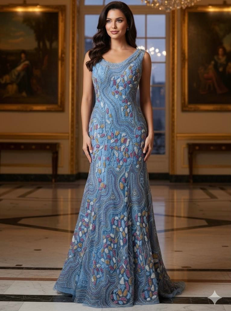 Luxury Blue Embroidered Mesh Sequin Fabric | SALEXML071
