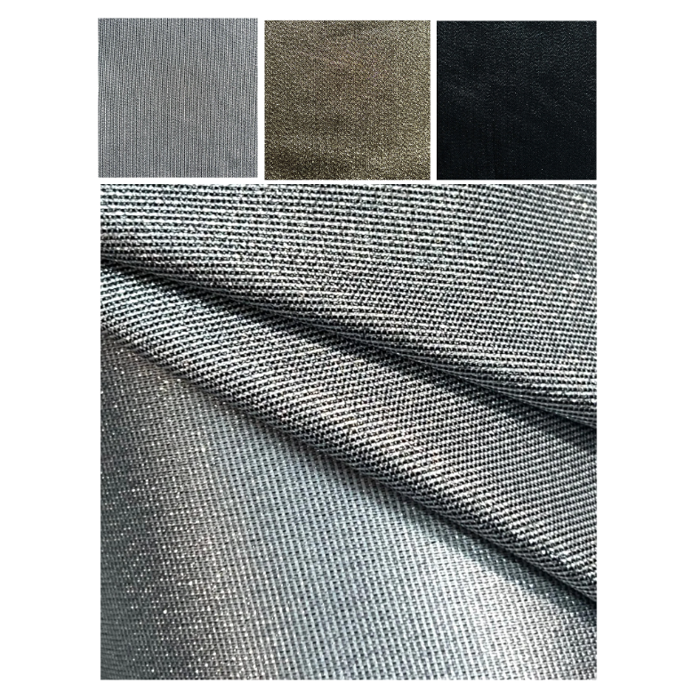 Textured fabric swatch with a close-up of gray fabric and color swatches above.