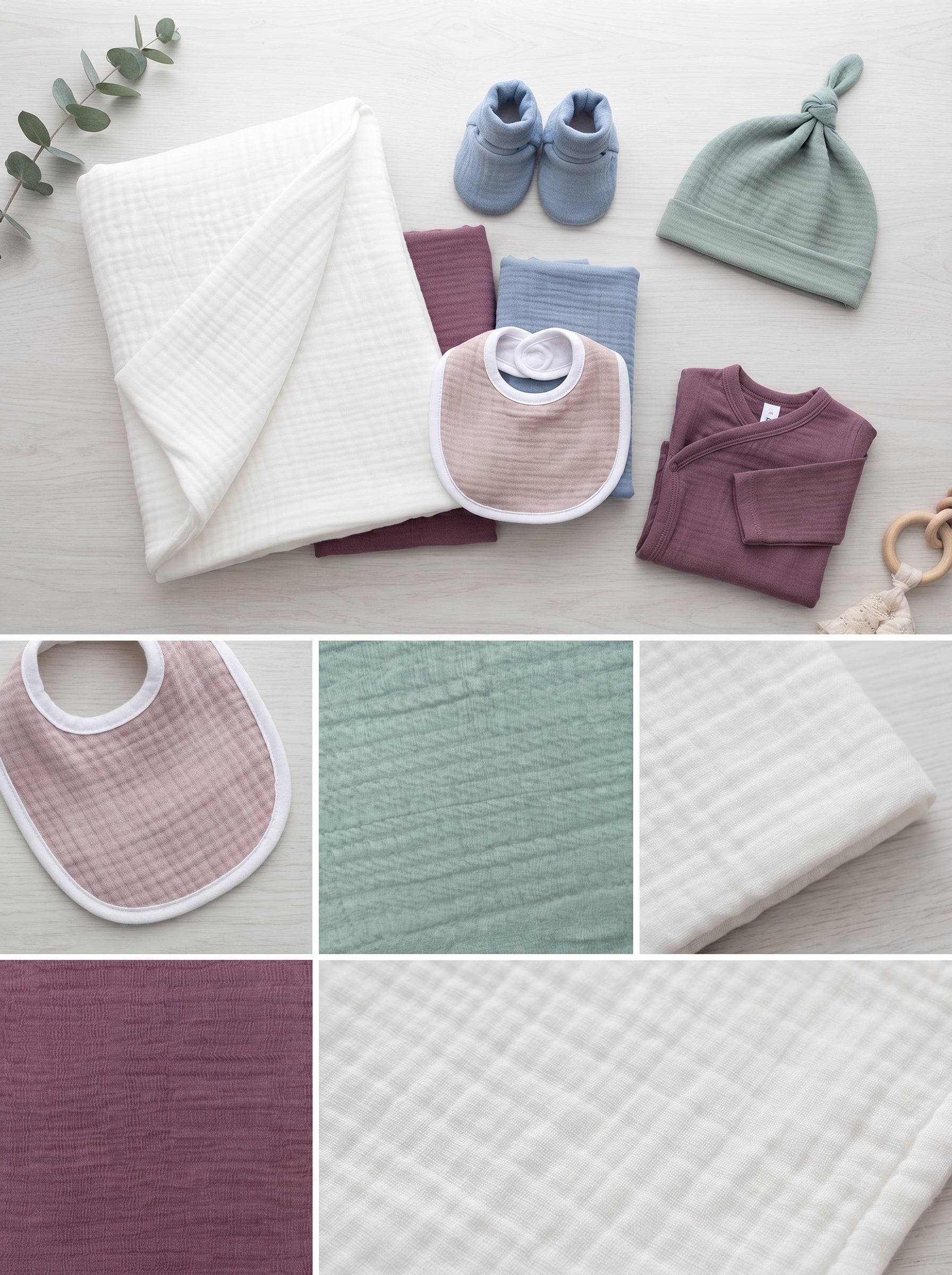 A collection of baby items made from 100% cotton triple layer muslin fabric in various colors.