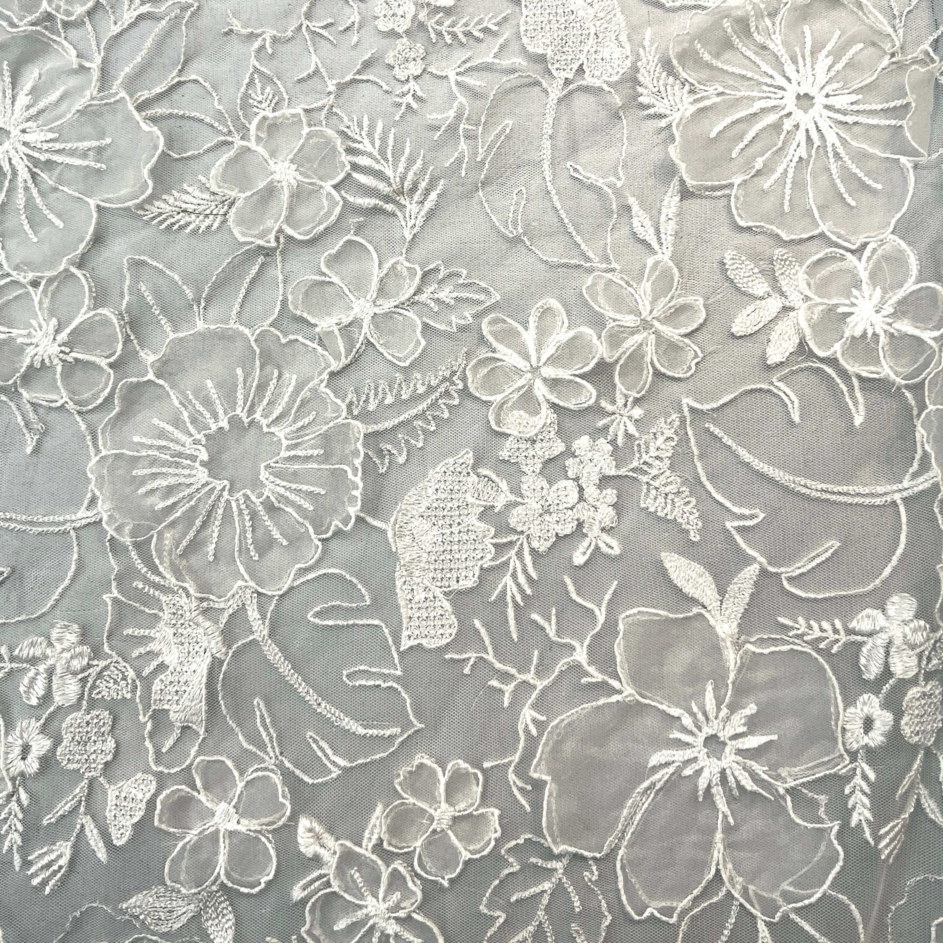 Close-up of floral lace pattern in white on a gray background