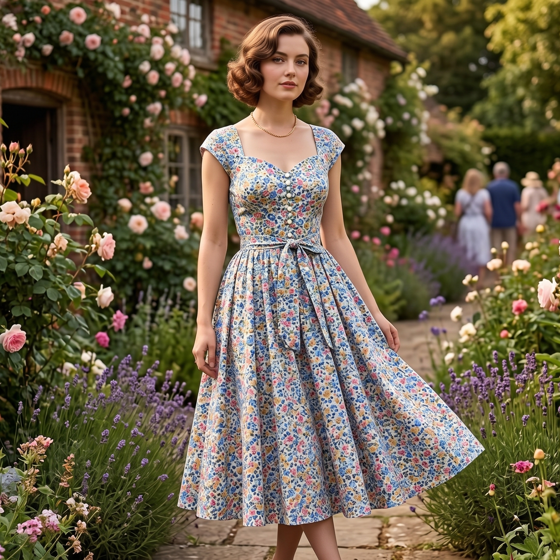 Woman in a floral dress standing in a garden with flowers and a building in the background