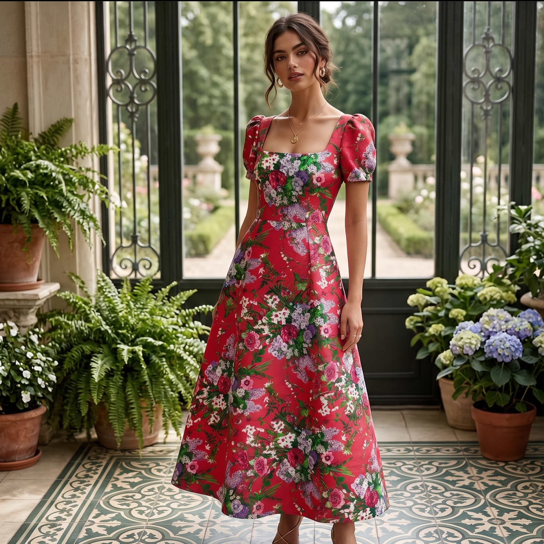 Woman in a floral dress standing in a room with decorative plants.
