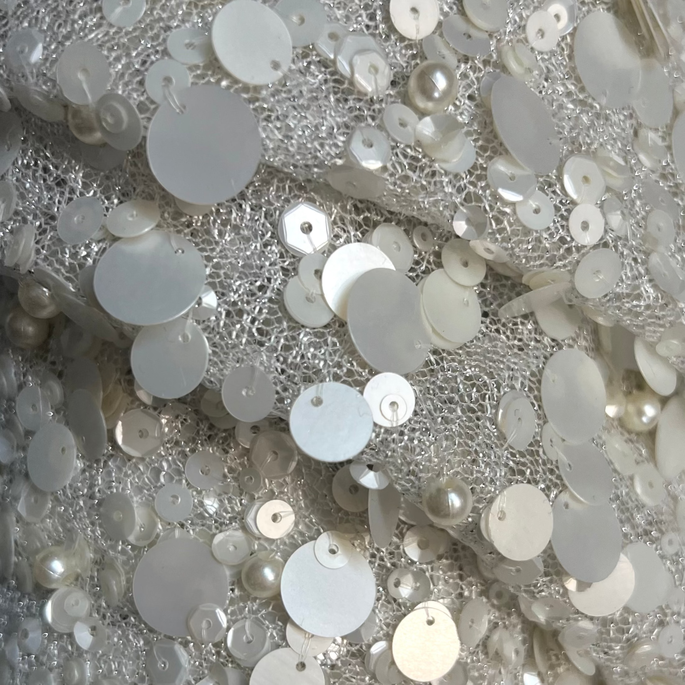 Ivory Pearl and Sequin Beaded Mesh Fabric | AE036 AI/E/43197