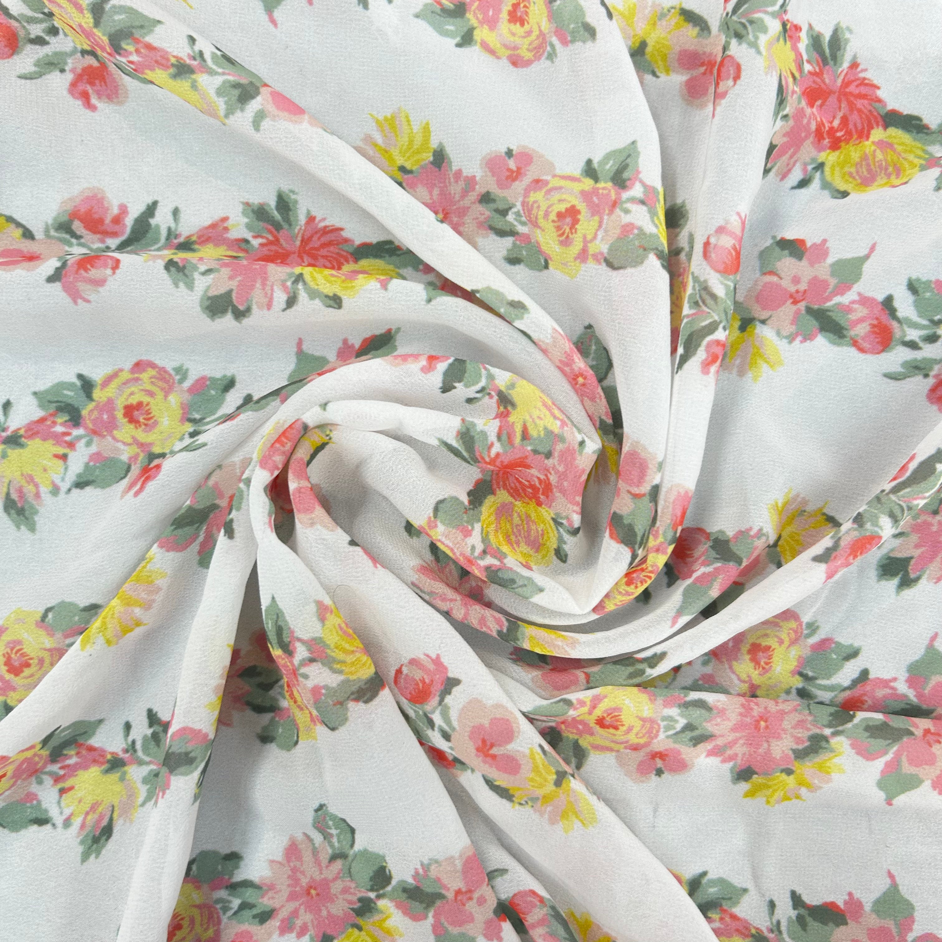 White Floral Printed Polyester Chiffon | SALEXML097
