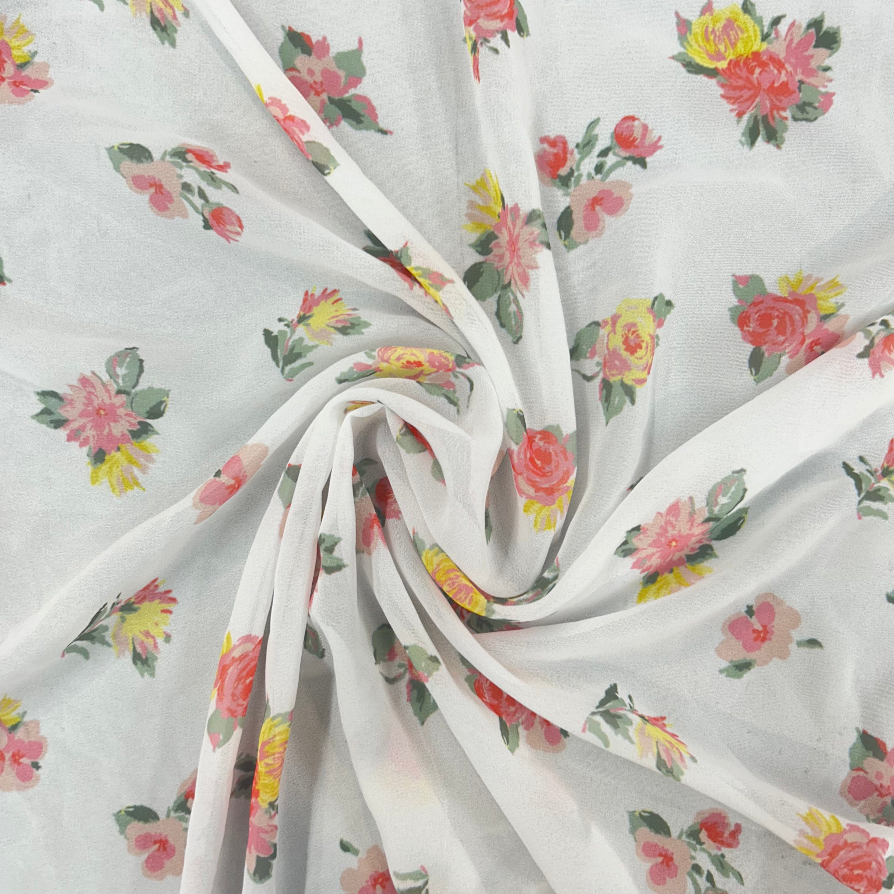 White Floral Printed Polyester Chiffon | SALEXM098