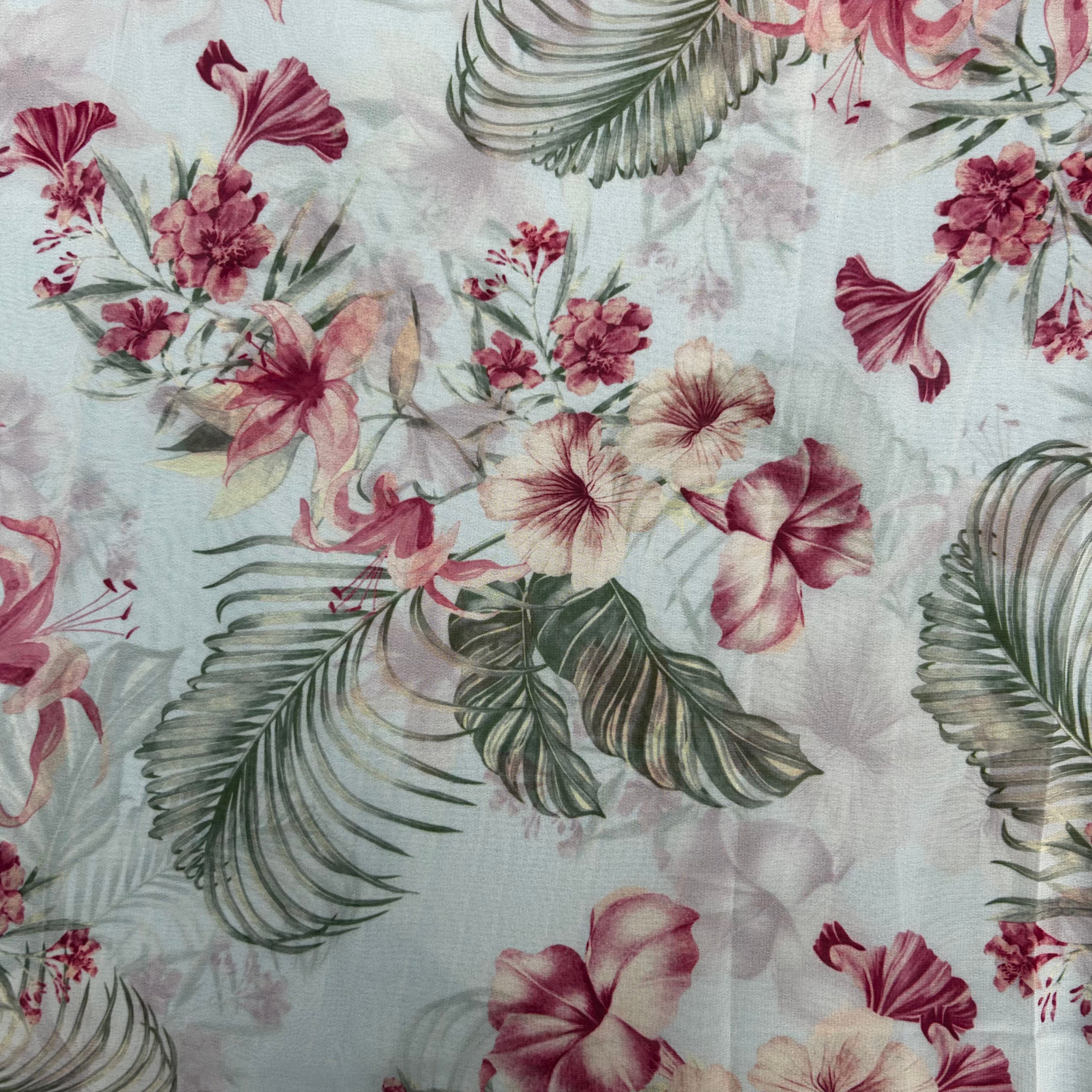 Blue Floral Printed Polyester Chiffon Fabric | SALEXML107