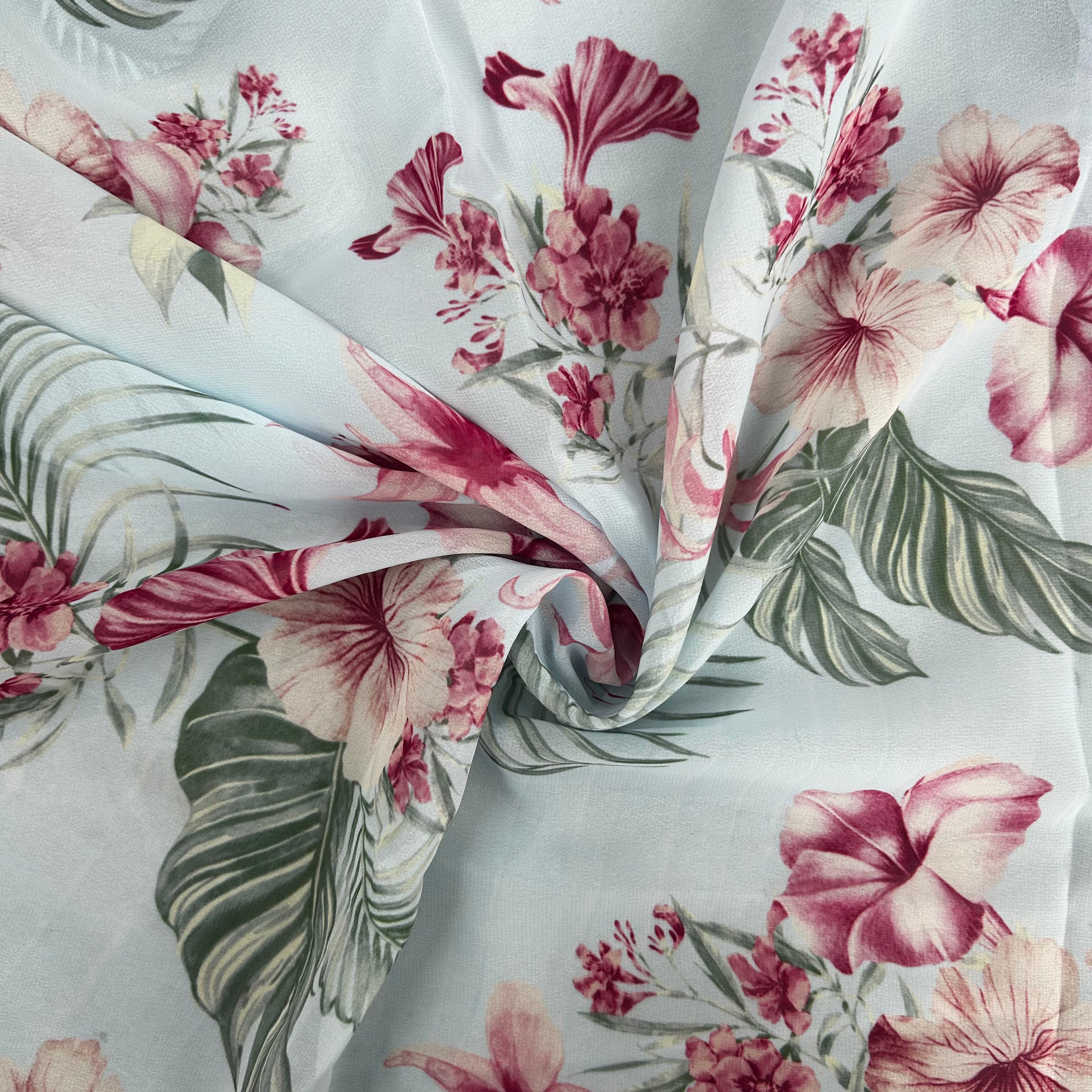 Blue Floral Printed Polyester Chiffon Fabric | SALEXML107